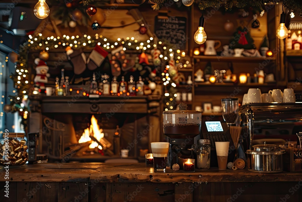 Cozy coffee shop with Christmas decor, warm coffee cup in a festive mug, holiday lights, snow falling outside