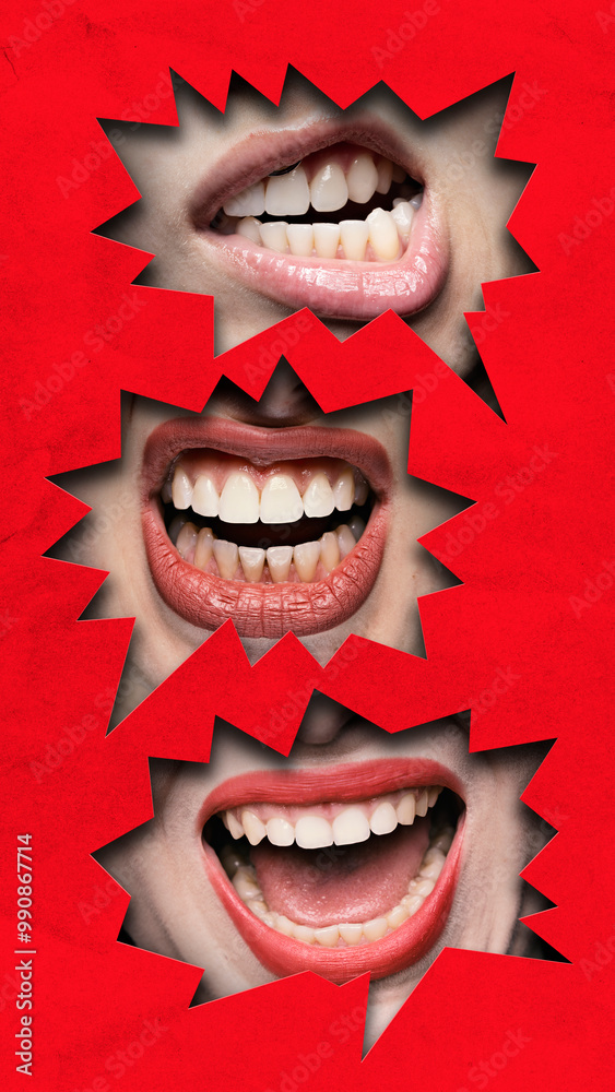 Contemporary art collage. Black-and-white mouths, each in shouting or grinning expression, bursting through jagged red shapes, making for intense and bold statement. Concept of social media, emotions. Contemporary art collage. Black-and-white mouths, each in shouting or grinning expression, bursting through jagged red shapes, making for intense and bold statement. Concept of social media, emotions.