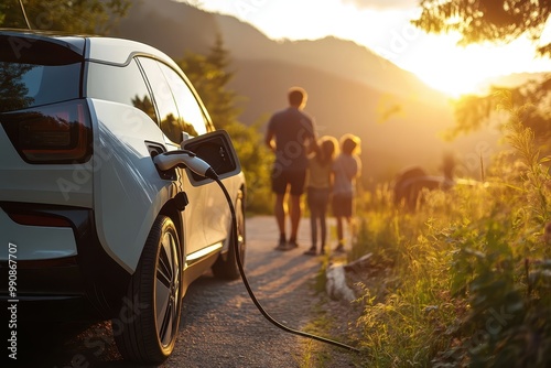 A family enjoys a sunset while an electric car charges nearby on a scenic road.