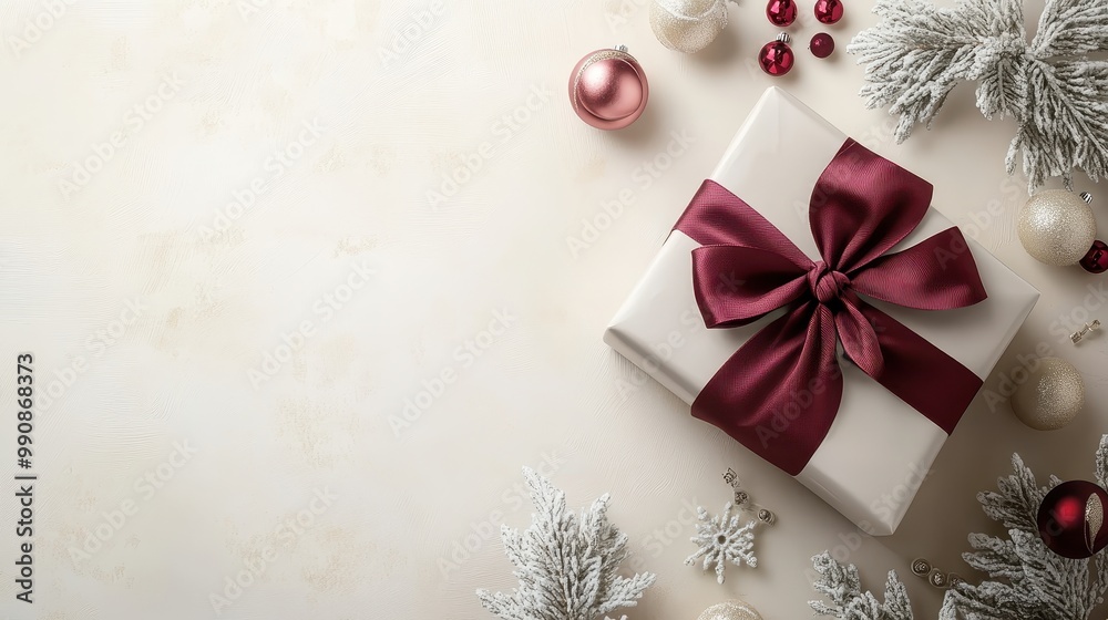 A festive gift wrapped in white with a burgundy bow, surrounded by holiday decorations. A festive gift wrapped in white with a burgundy bow, surrounded by holiday decorations.
