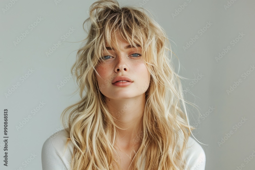 A young woman with wavy blonde hair gazes softly at the camera in a minimalistic indoor setting during daylight hours