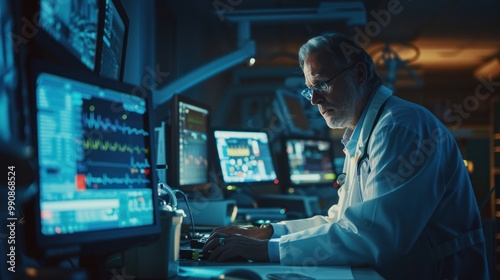 A doctor at work in a busy emergency room, surrounded by monitors and medical equipment, making critical decisions.