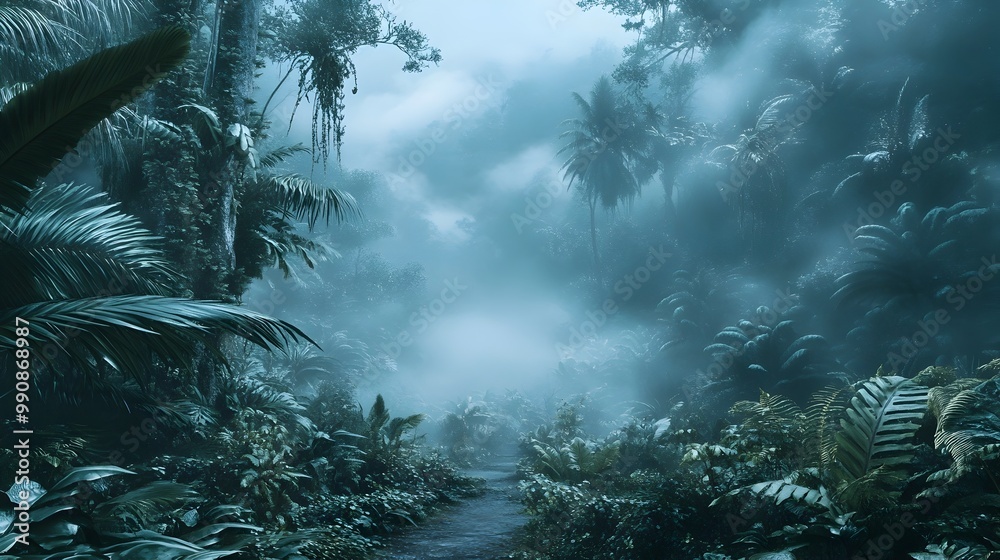 Obraz premium Misty rainforest landscape with towering trees lush green foliage and a serene ethereal atmosphere Explore the natural wonder and mystery of this enchanting primeval forest setting