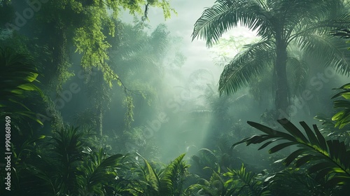 Captivating misty rainforest landscape with towering evergreen trees and lush vibrant exotic plants creating a serene enchanting atmosphere Inviting viewers to explore the untamed