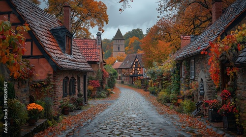 Fototapeta Naklejka Na Ścianę i Meble -  Autumn in a Historic Town with Cobblestone Streets
