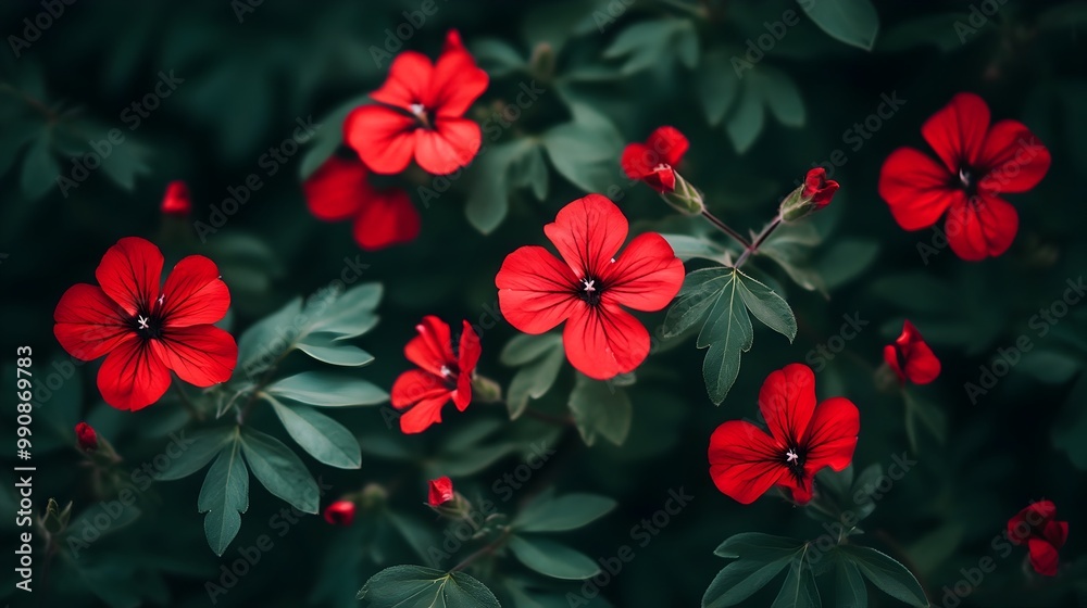 Vibrant red flowers in full bloom against a backdrop of lush verdant green foliage creating a beautiful and natural floral scene Vibrant red flowers in full bloom against a backdrop of lush verdant green foliage creating a beautiful and natural floral scene