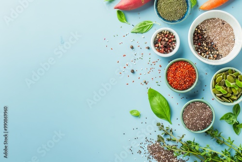 The background is light blue, with various fresh vegetables and grains placed in small bowls on the right side of the screen. The bowl contains chia seeds, flaxseeds, wolfberry, sweet potato leaf powd photo