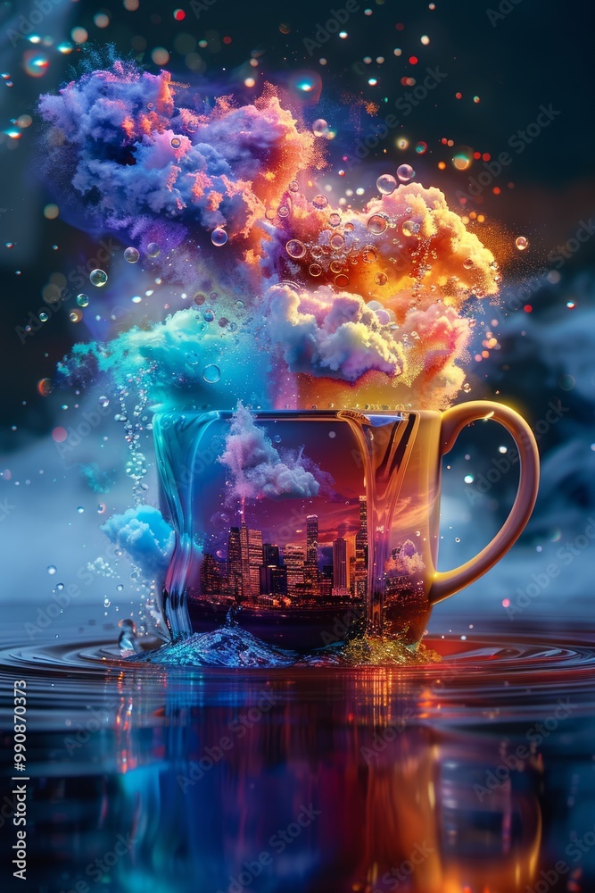 A colorful explosion of clouds and water emerging from a cup showcasing a vibrant city skyline at dusk A colorful explosion of clouds and water emerging from a cup showcasing a vibrant city skyline at dusk