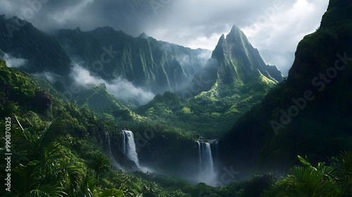 Dramatic cascading rainwater rushing down the rugged snow capped mountain peaks amidst the lush green wilderness and serene natural surroundings  A captivating