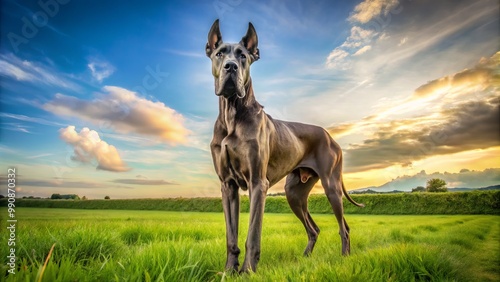 A regal Great Dane commands the green grassy landscape, its alert ears attuned to the surroundings and tail