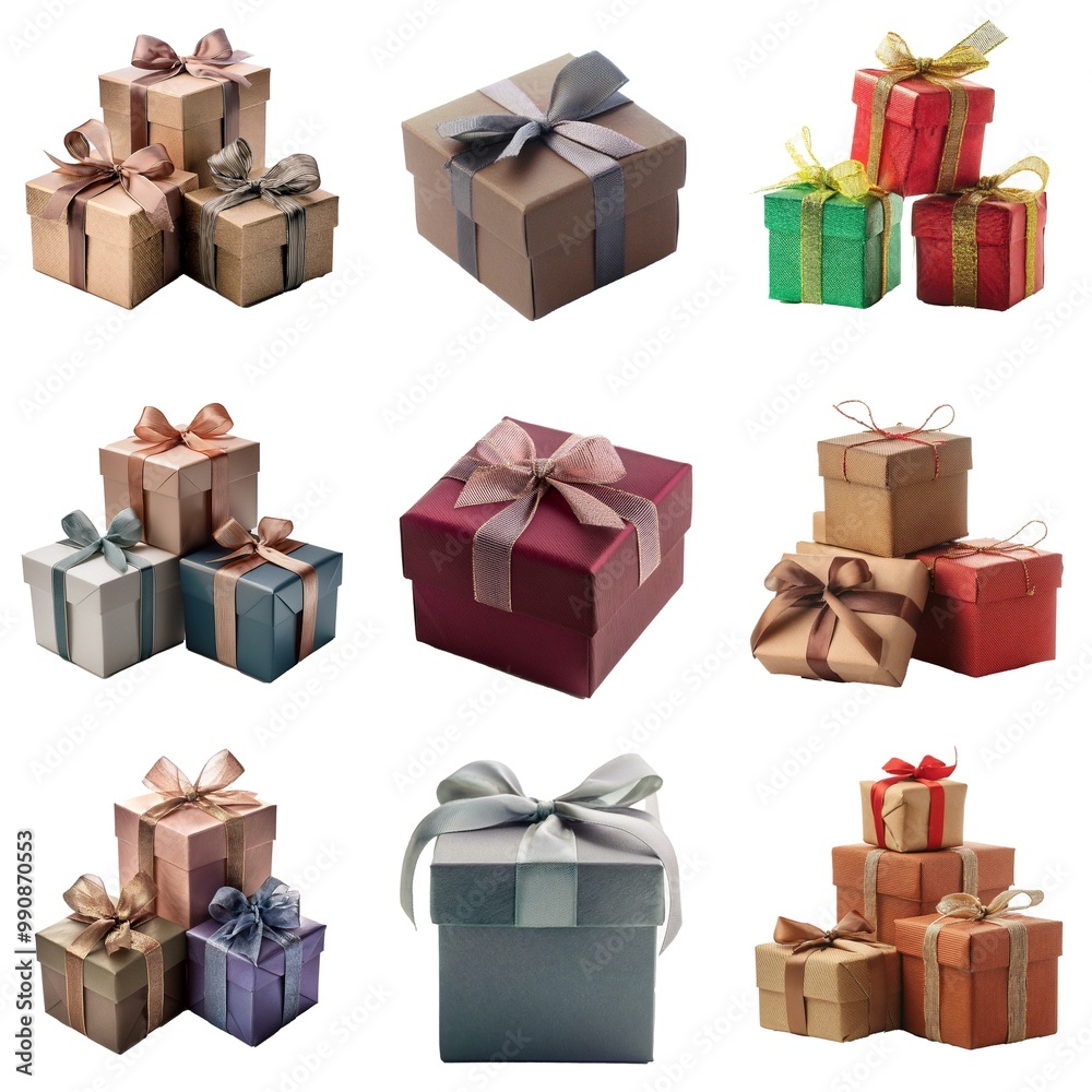 Obraz premium Nine gift boxes tied with various colored bows and ribbons, arranged in three groups of three.