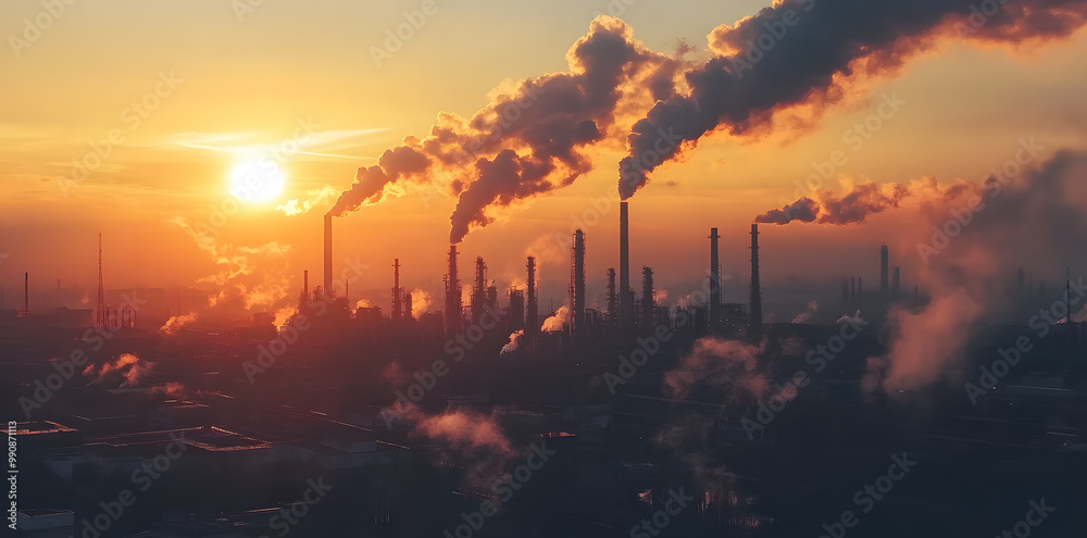 Factories emitting smoke at sunset, showcasing industrialization and environmental impact Factories emitting smoke at sunset, showcasing industrialization and environmental impact