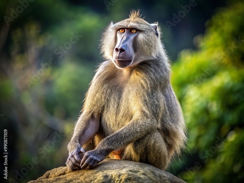 A robust adult baboon occupies a large stone, his prominent canine teeth gleaming in the warm light as