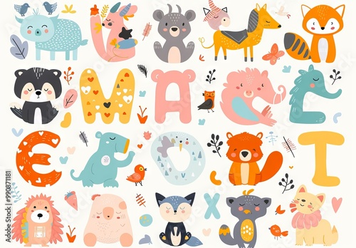 Wallpaper Mural vector flat cute cartoon animals alphabet clipart set, "all adorable vector Flat cartoon animal letters of the English language on transparent background PNG file, high resolution, detailed and sharp  Torontodigital.ca