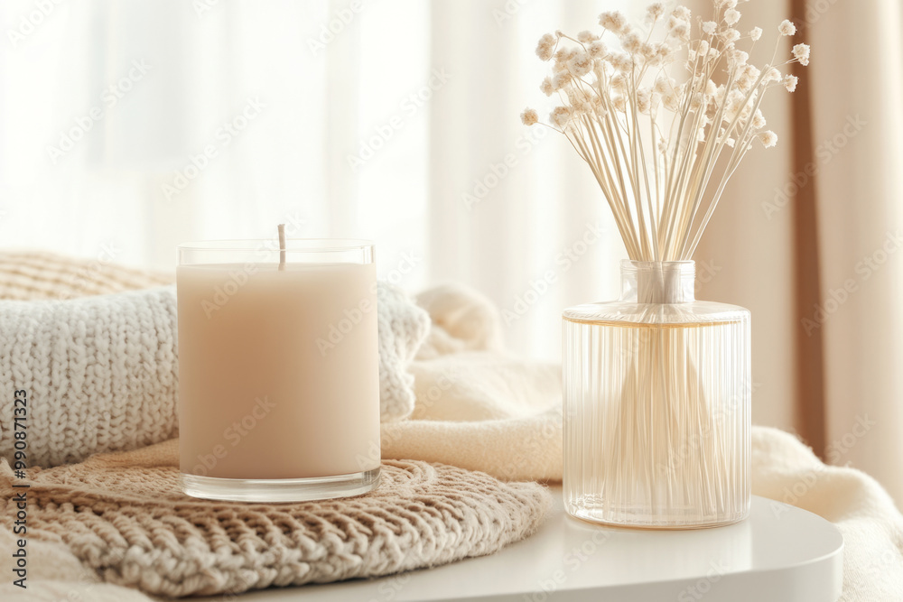 Warm scene with a lit candle and reed diffuser Warm scene with a lit candle and reed diffuser