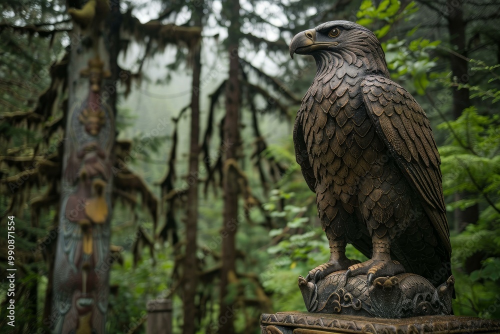 Bronze eagle statue standing on a pedestal with a totem pole in the background in a lush forest Bronze eagle statue standing on a pedestal with a totem pole in the background in a lush forest