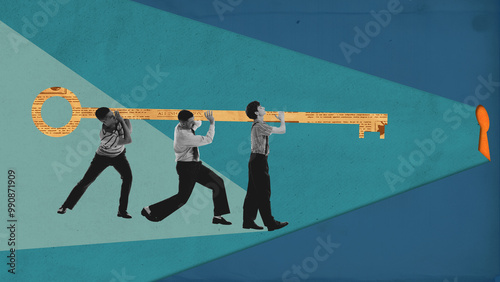 Фотография Three men carrying large golden key toward keyhole, symbolizing teamwork, unlocking opportunities, and problem-solving in strategy and tech