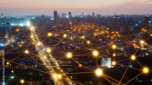 Wide-angle aerial view of a city skyline at night, with glowing connections between buildings and streetlights forming intricate networks representing smart urban infrastructure, featuring digital gol