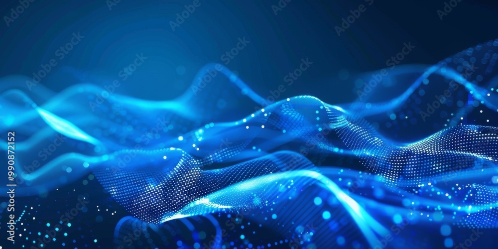 Blue background with glowing dots in the shape of an abstract wave, creating a sense of technology and innovation for your presentation or business card design. The dark blue color symbolizes elegance Blue background with glowing dots in the shape of an abstract wave, creating a sense of technology and innovation for your presentation or business card design. The dark blue color symbolizes elegance