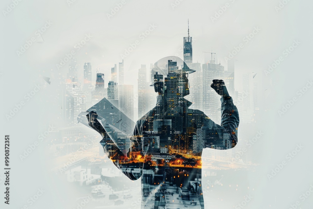 A confident business professional holding a document, overlooking a vibrant city skyline at dusk, symbolizing ambition and growth A confident business professional holding a document, overlooking a vibrant city skyline at dusk, symbolizing ambition and growth