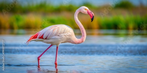 A single white flamingo standing in shallow water with vibrant pink plumage and a gracefully curved neck.