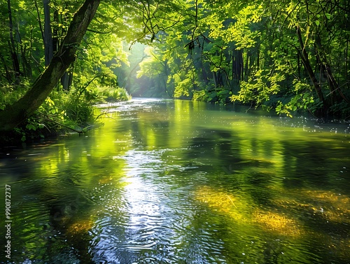 A serene image of a tranquil river flowing through a dense forest with sunlight filtering through the trees and reflecting off the water's surface