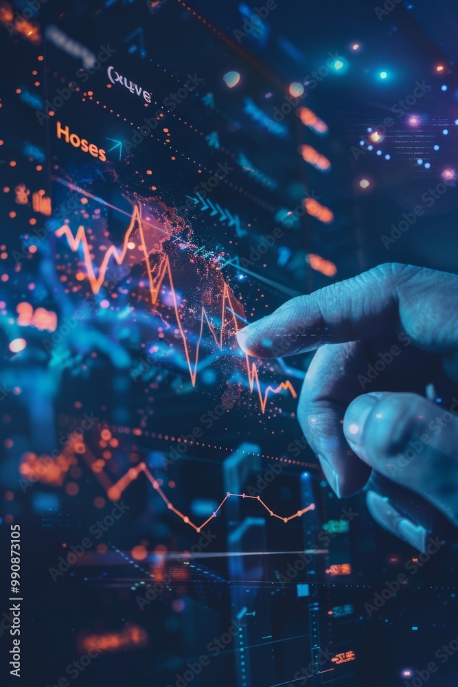 Obraz premium A close-up view of a hand interacting with digital stock market graphs and data analysis on a dark background at night