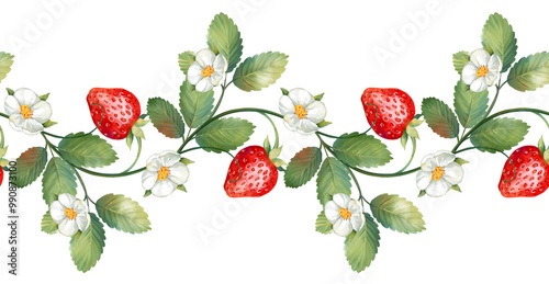 Strawberry seamless border. Green leaves, red berries and flowers. Hand drawn.