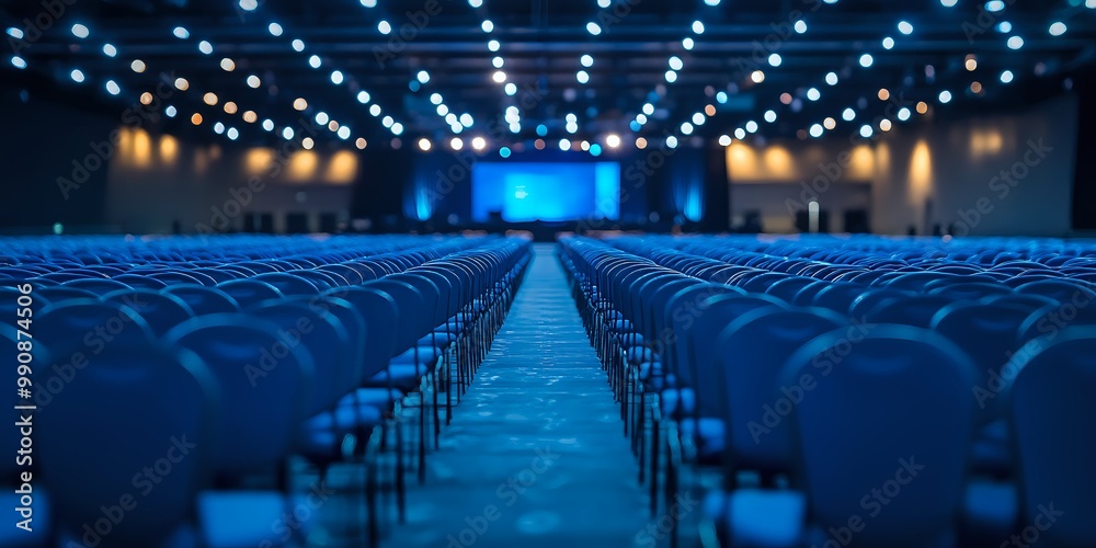 Naklejka premium Rows of blue chairs in a large empty auditorium with spotlights above.