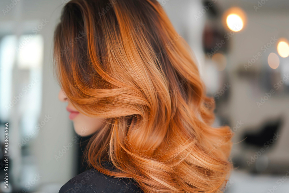 Beautiful hairstyle of woman after dyeing hair and making highlights in hair salon with professional hairstylist. Beautiful hairstyle of woman after dyeing hair and making highlights in hair salon with professional hairstylist.