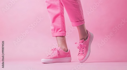 Trendy pink sneakers and pants on stylish monochrome background photo