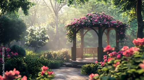 Romantic background with a garden setting, showcasing a charming gazebo, blooming flowers, and a peaceful, intimate atmosphere photo