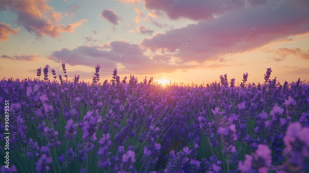 Naklejka premium A tranquil purple field stretching across the horizon image