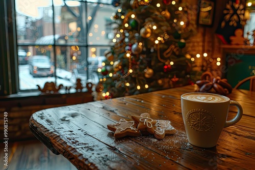 Cozy coffee shop with Christmas decor, warm coffee cup in a festive mug, holiday lights, snow falling outside photo