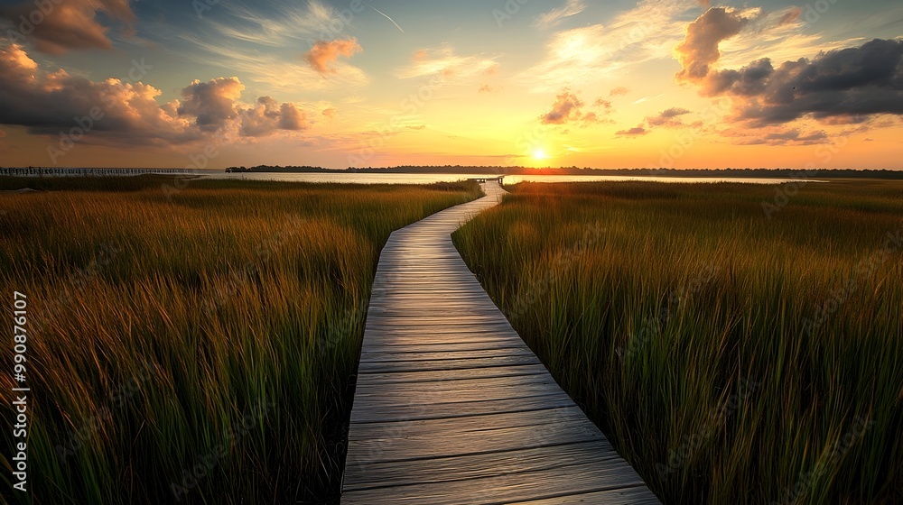Fototapeta premium A photograph of a wooden boardwalk leading through a serene coastal marshland guiding the viewer s gaze towards a tranquil sunset over the horizon