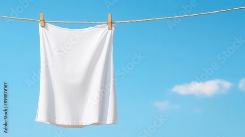 Empty clothesline swaying in the wind with blue sky backdrop, pinless design, outdoor laundry, sustainability