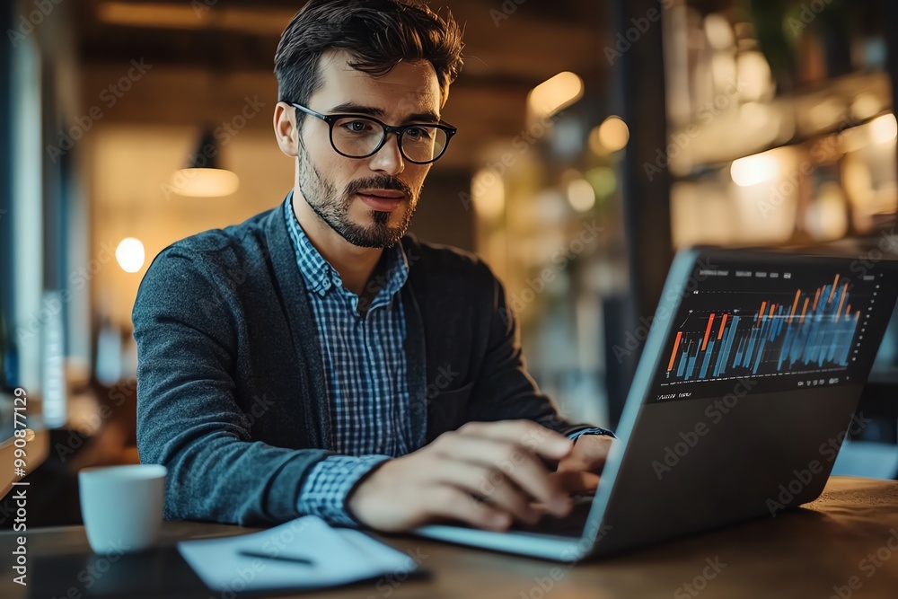 A young businessman working on a laptop in a cafe, focusing on the graphs displayed on the screen. A young businessman working on a laptop in a cafe, focusing on the graphs displayed on the screen.