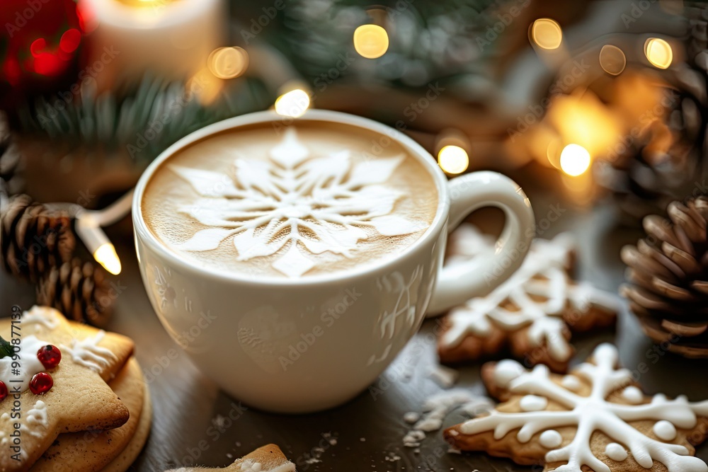 Cappuccino in a festive mug, topped with whipped cream and cinnamon, surrounded by Christmas ornaments and warm decor Cappuccino in a festive mug, topped with whipped cream and cinnamon, surrounded by Christmas ornaments and warm decor