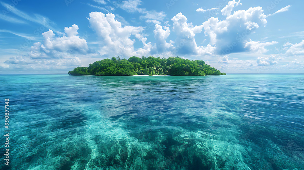 Fototapeta premium A tranquil island with lush greenery and a horizon of endless, crystal-clear waters