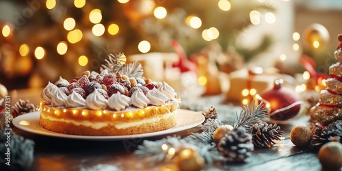 Vegan Christmas tart decorated with powdered sugar and fresh fruits, surrounded by festive lights and Christmas ornaments, beautiful holiday dessert, warm and cozy setting, copy space, selective focus