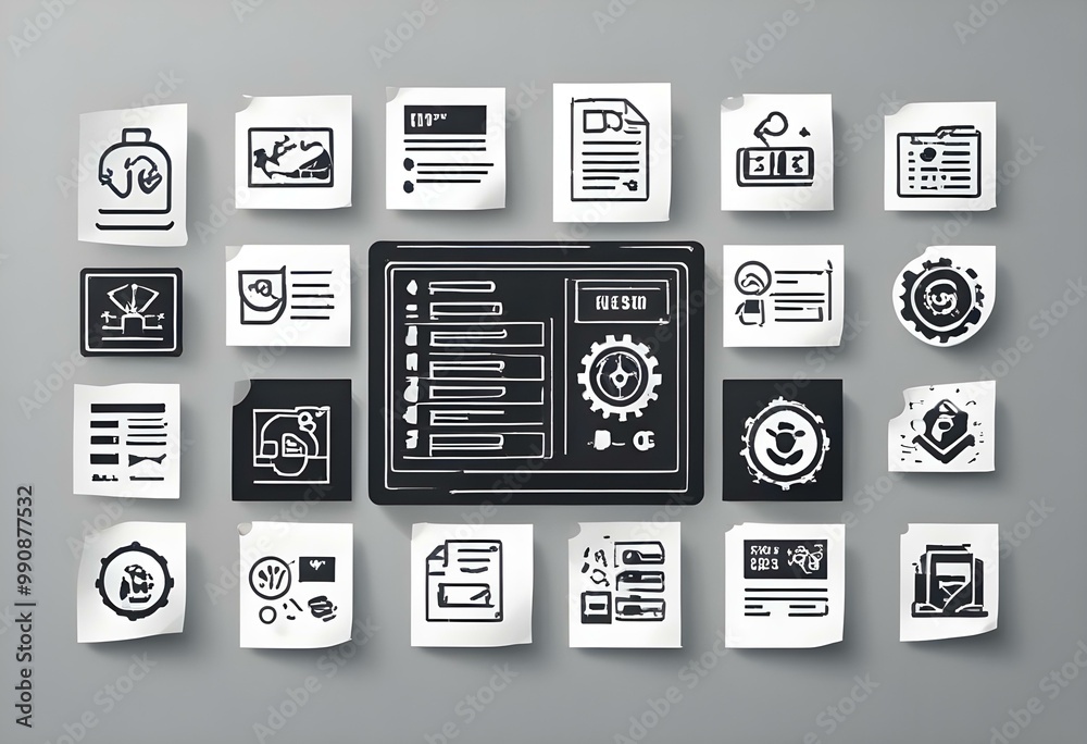 A set of black and white icons depicting various business and ...
