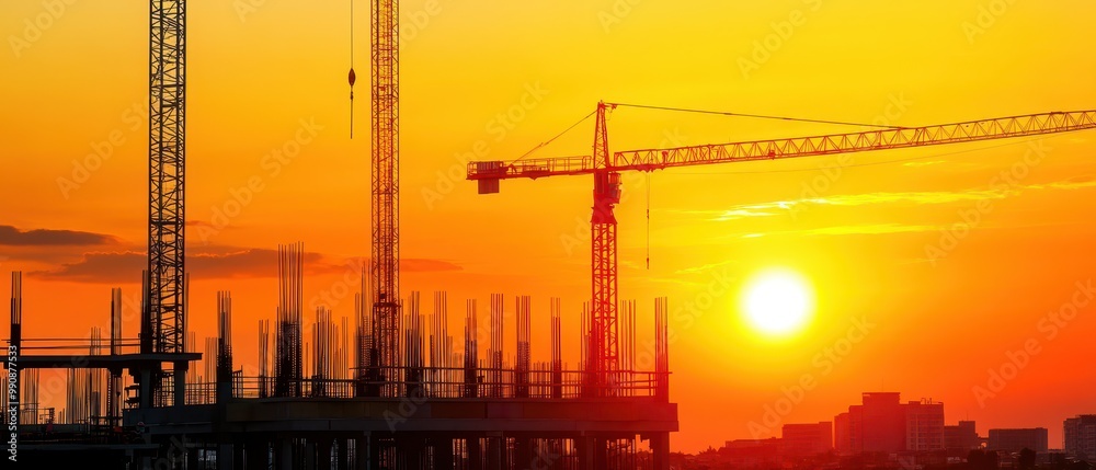 A sunset silhouette of construction cranes against a vibrant orange sky, highlighting the blend of nature and industry. A sunset silhouette of construction cranes against a vibrant orange sky, highlighting the blend of nature and industry.