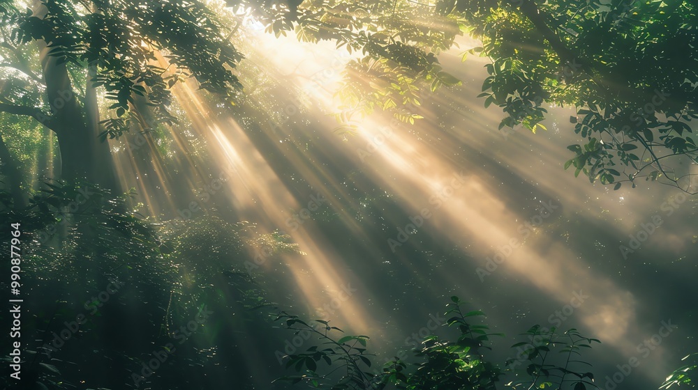 Sunbeams shine through the leaves of a forest, creating a magical, mystical scene. Sunbeams shine through the leaves of a forest, creating a magical, mystical scene.