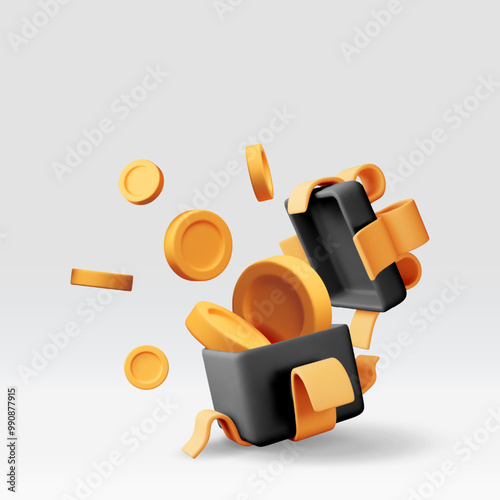 3D black open gift box full of gold coins isolated. Render giftbox and golden coins money. Concept of loyalty program, Casino or online games bonus. Money prize reward. Vector illustration