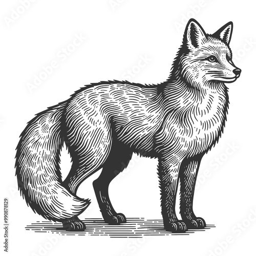standing fox, natural grace and cunning in a classic engraving style sketch engraving generative ai vector illustration. Scratch board imitation. Black and white image.