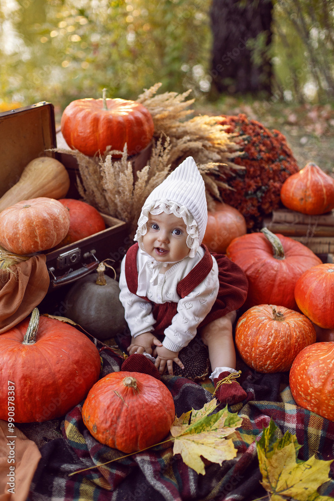 A beautiful baby girl of 8 months in a hat and a suit sits in nature at sunset in the evening with pumpkins around on Halloween