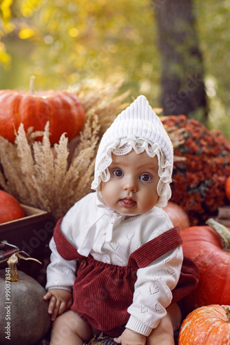 Obraz na płótnie A beautiful baby girl of 8 months in a hat and a suit sits in nature at sunset in the evening with pumpkins around on Halloween w salonie