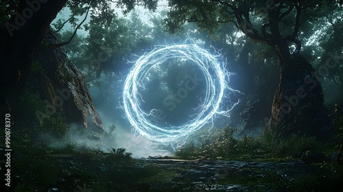Futuristic energy portal with crackling electricity hovering in a dense forest distorting the scenery around it  Surreal sci fi fantasy landscape with an otherworldly dimensional phenomenon