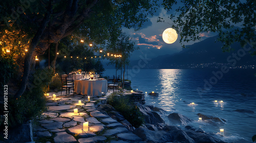 Candlelit path leading to a secluded table by the water, with soft moonlight reflecting on the surface