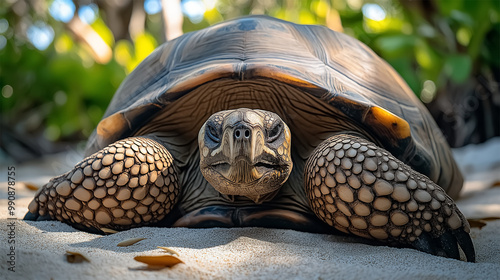 Critically endangered Rodrigues giant tortoise resting on sand, close-up in natural habitat
